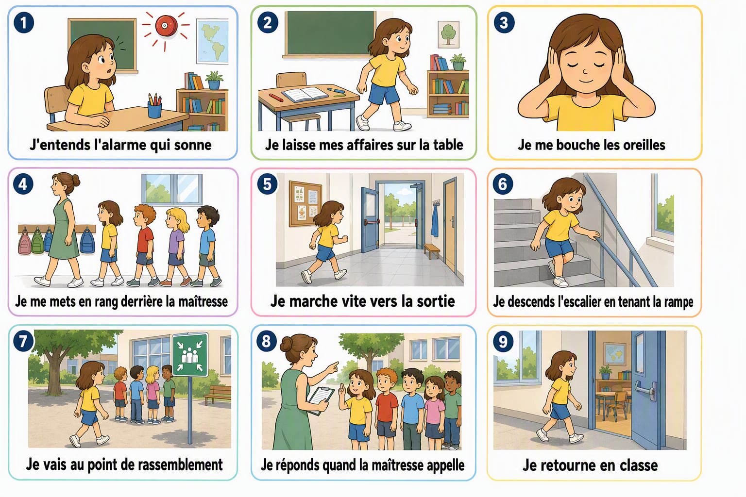 Planche complète de la séquence « L’exercice incendie, sans surprise », toutes les étapes illustrées