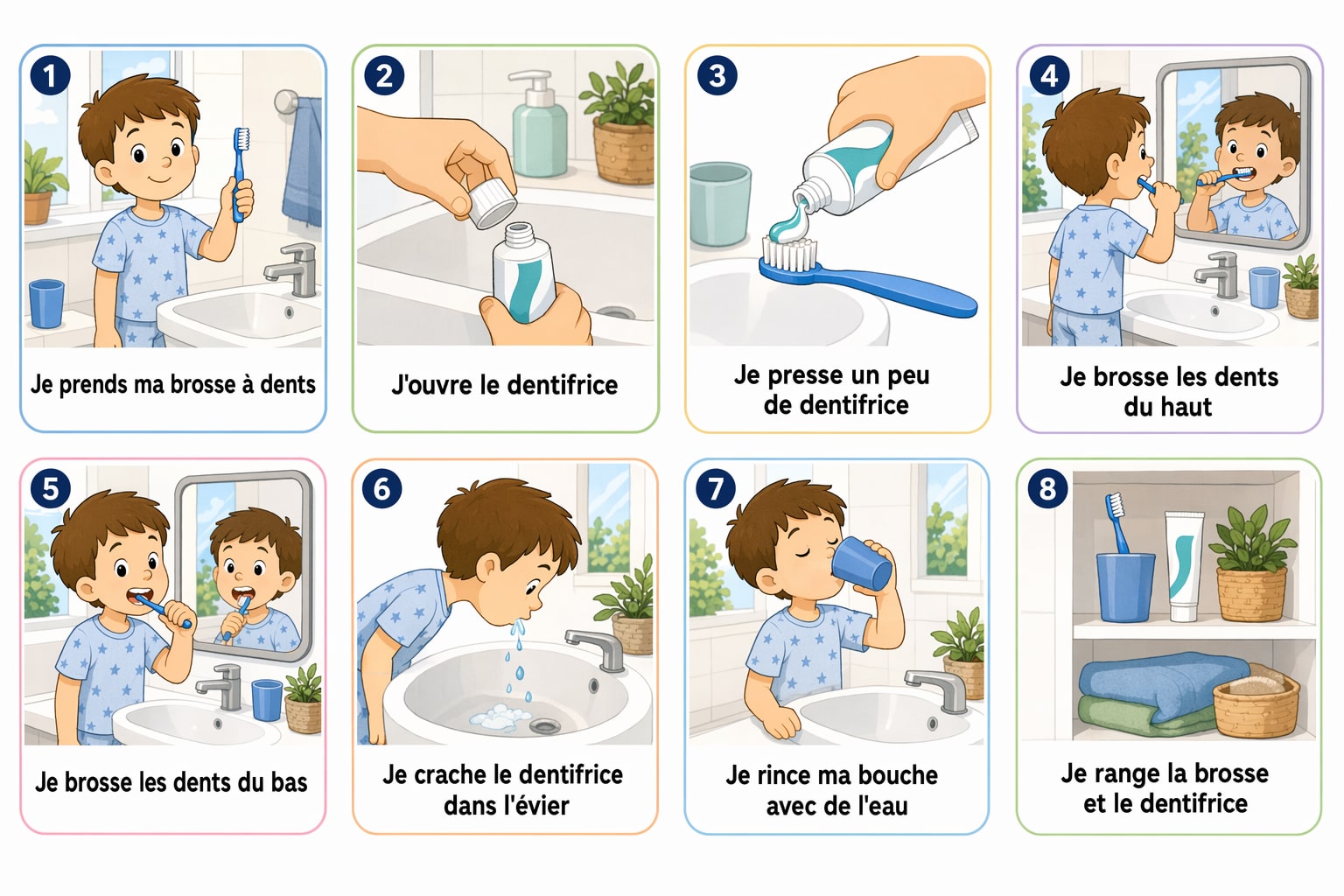 Planche complète de la séquence « Je me brosse les dents tout seul », toutes les étapes illustrées