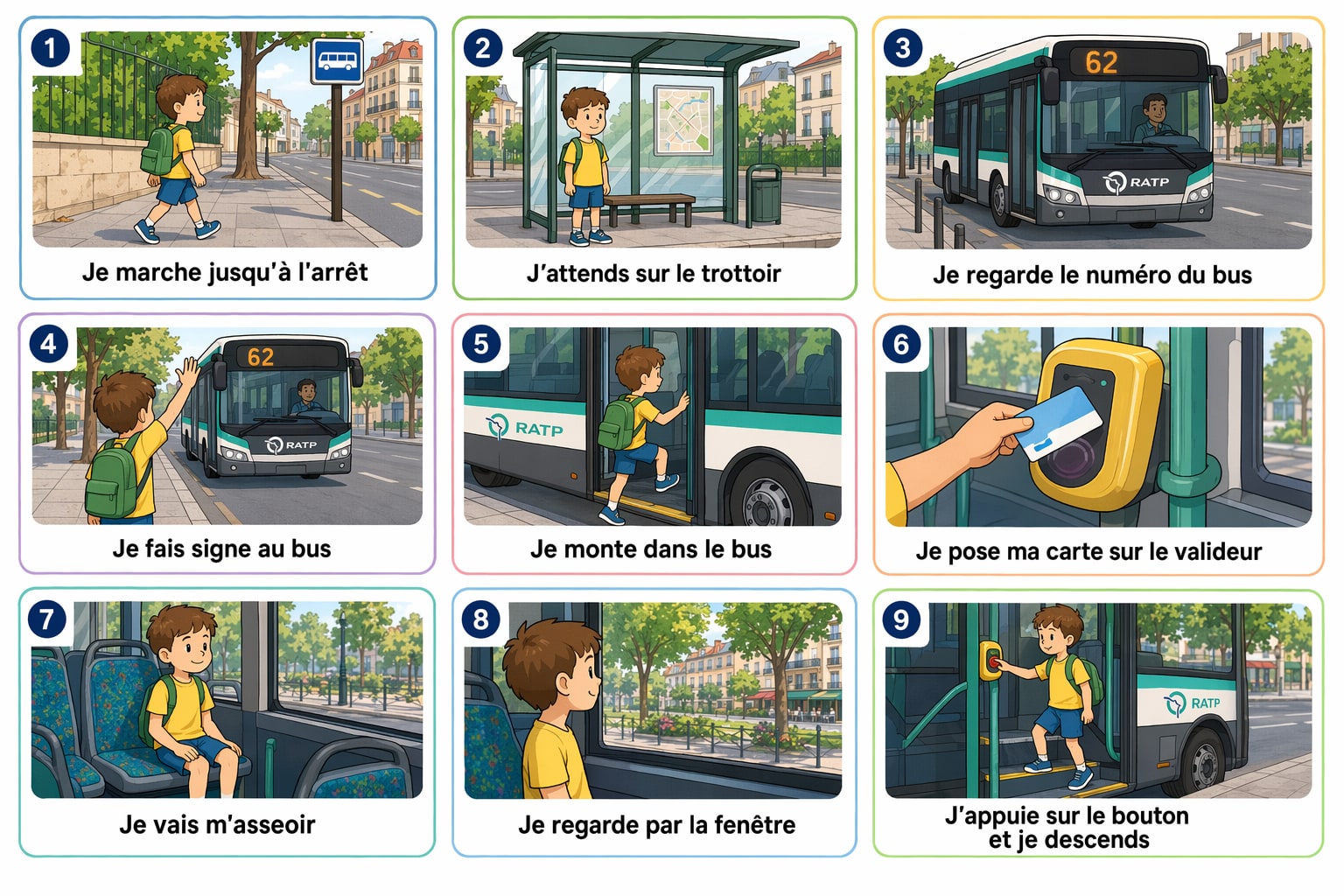 Planche complète de la séquence « Je prends le bus comme un grand », toutes les étapes illustrées