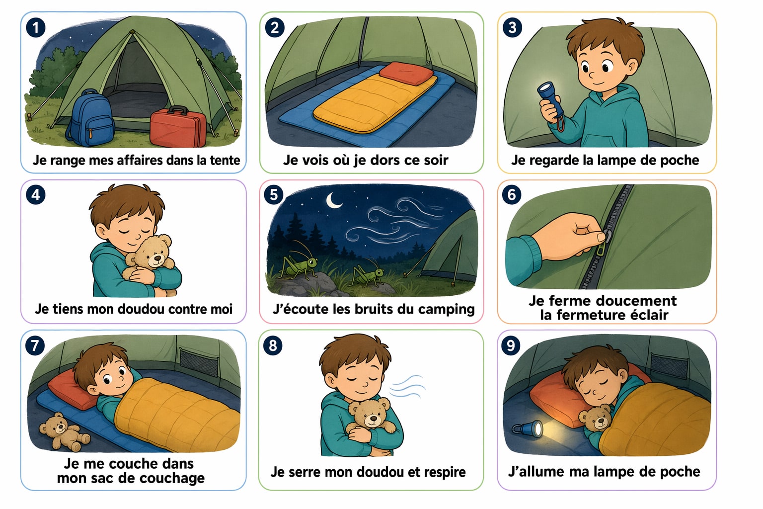 Planche complète de la séquence « Ma première nuit sous la tente », toutes les étapes illustrées