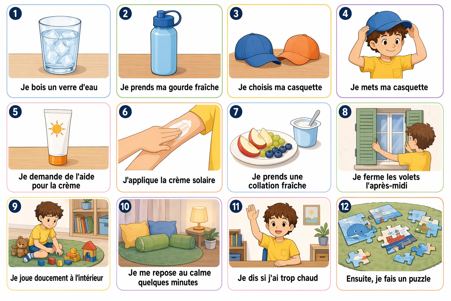 Planche complète de la séquence « Canicule : je reste au frais », toutes les étapes illustrées