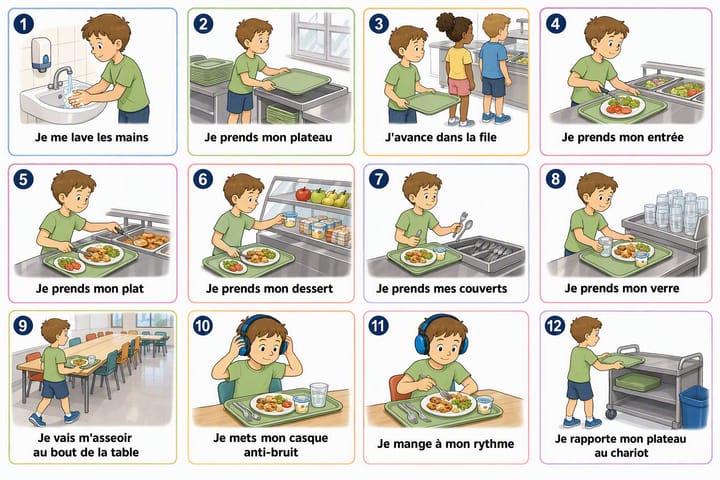 Aperçu de la séquence La cantine : le self, du plateau au chariot