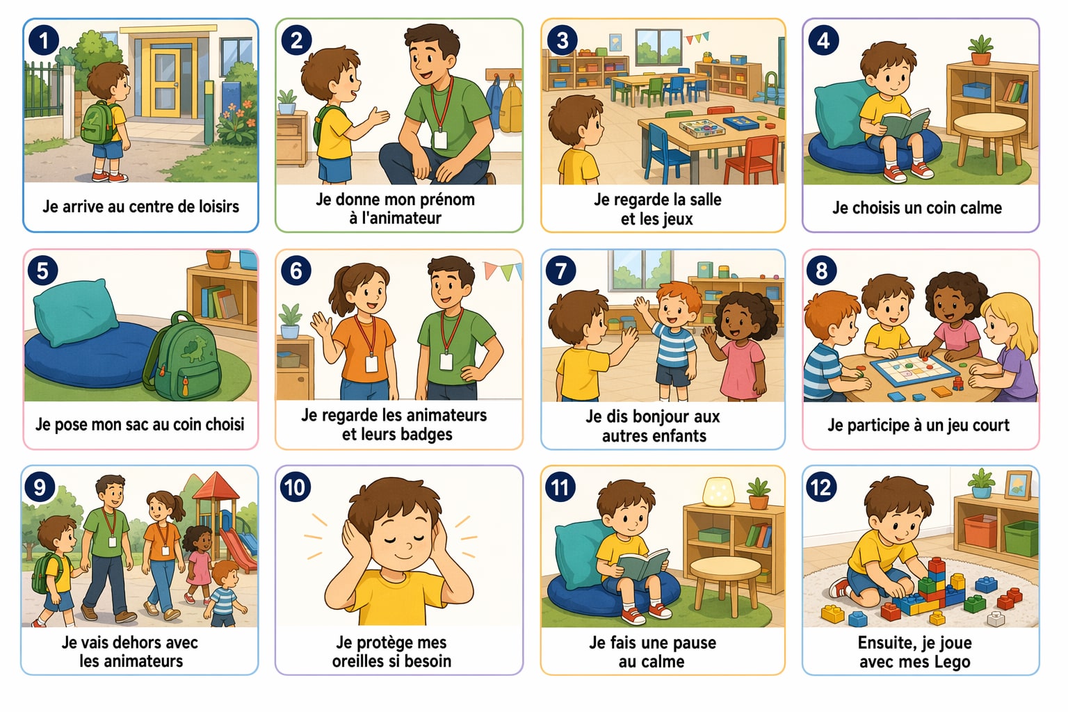 Planche complète de la séquence « Premier jour au centre de loisirs », toutes les étapes illustrées