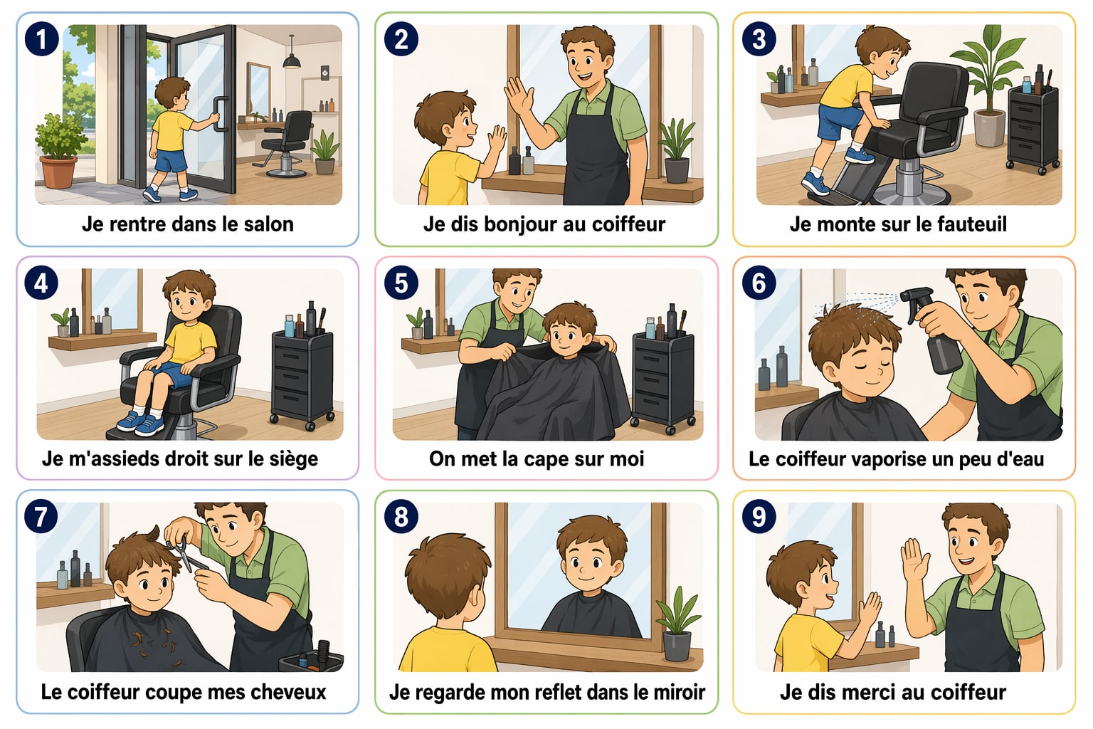 Planche complète de la séquence « Chez le coiffeur, bien installé », toutes les étapes illustrées