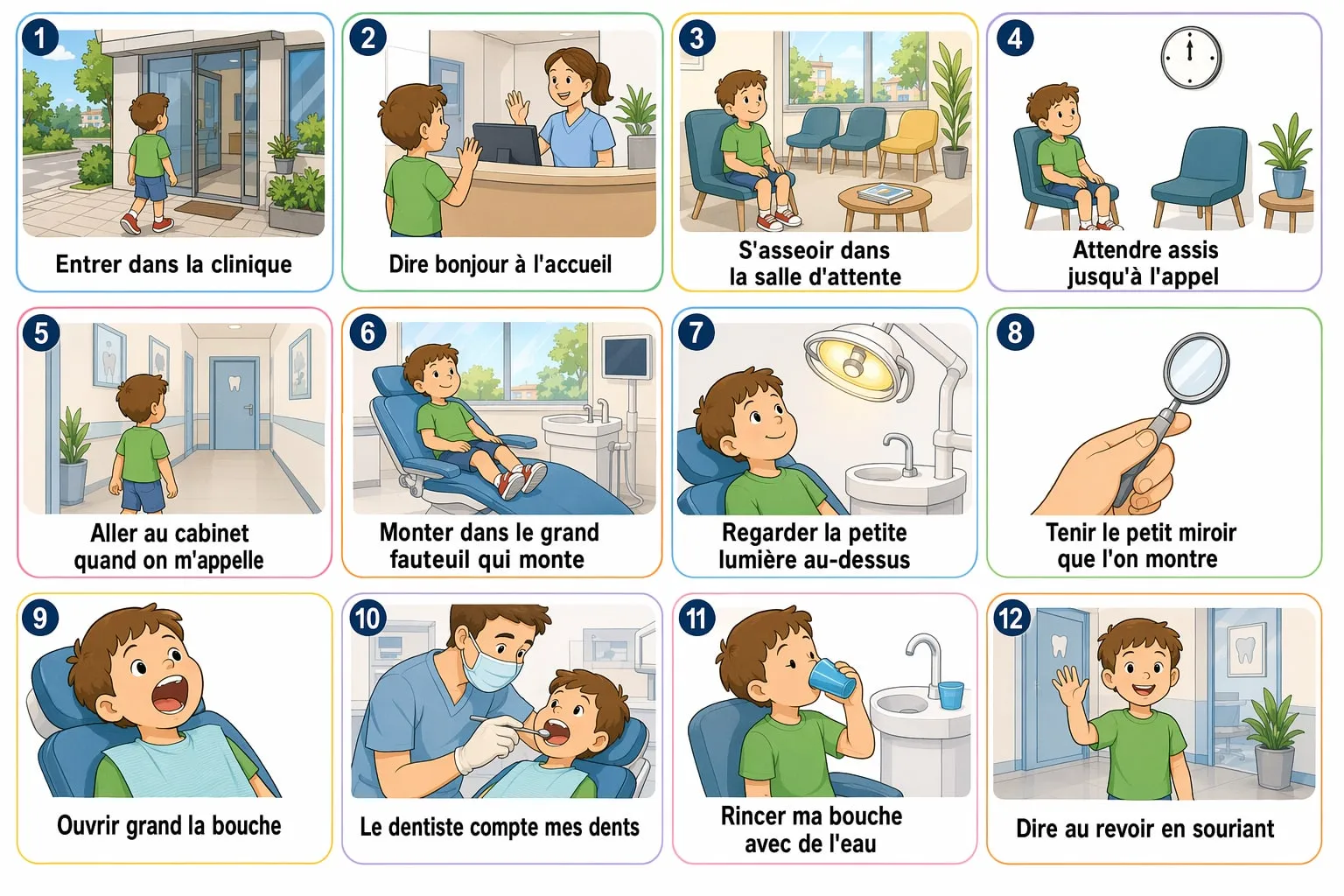 Planche « Chez le dentiste » : douze étapes illustrées, de l’entrée dans la clinique jusqu’au au revoir