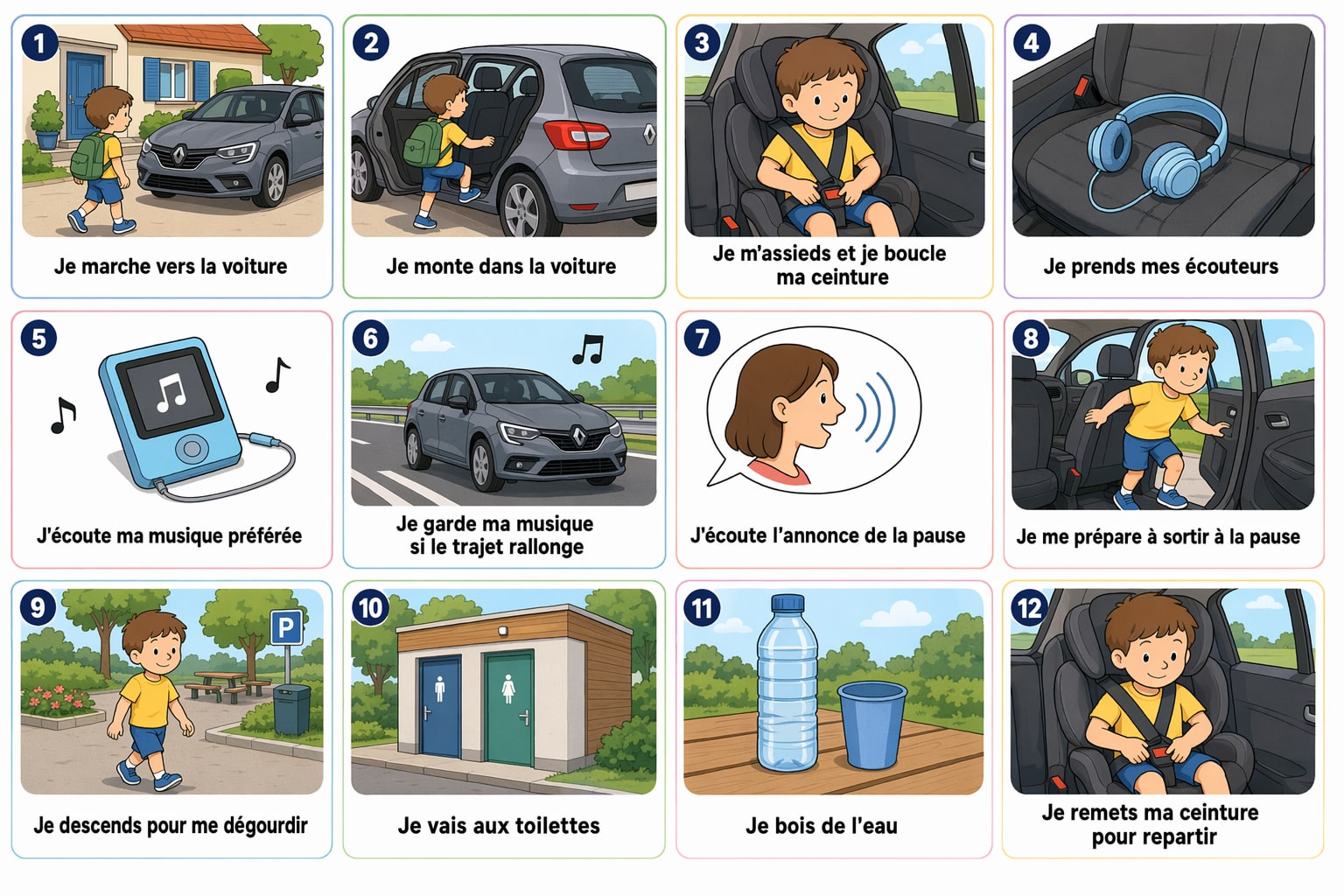 Planche complète de la séquence « C'est le grand départ en vacances ! », toutes les étapes illustrées