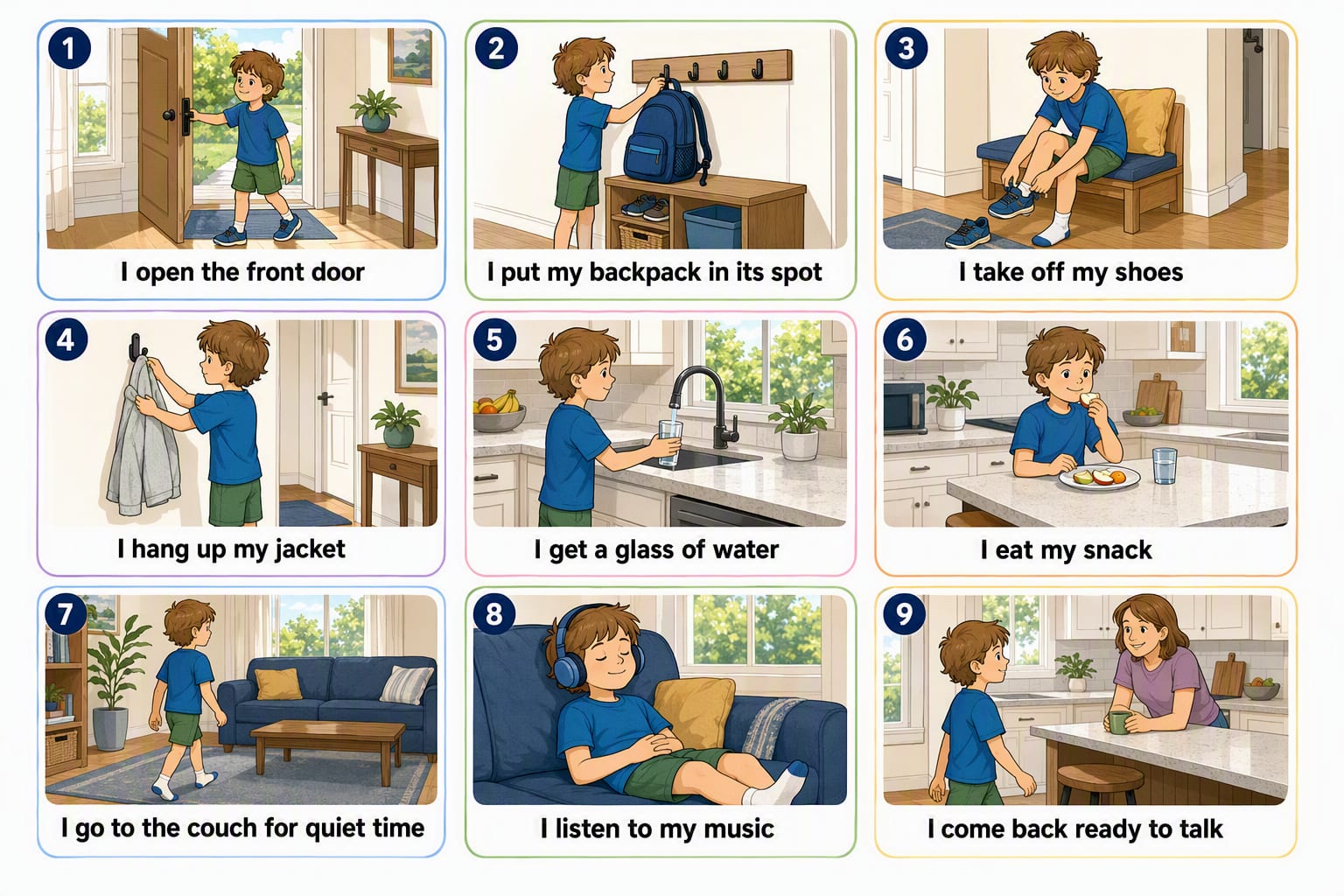 Printable pictogram sequence: Coming home: quiet time first, 9 illustrated steps