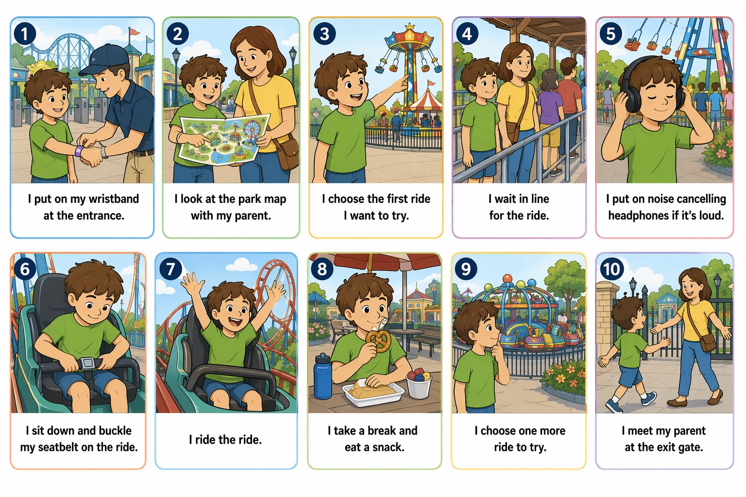 Printable pictogram sequence: A day at the amusement park, 10 illustrated steps