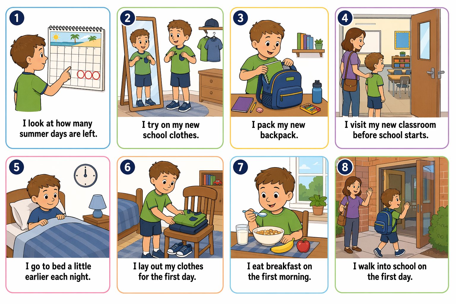 Printable pictogram sequence: Getting ready to go back to school, 8 illustrated steps