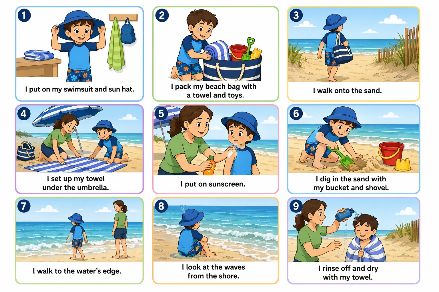 Printable pictogram sequence: A day at the beach, 9 illustrated steps