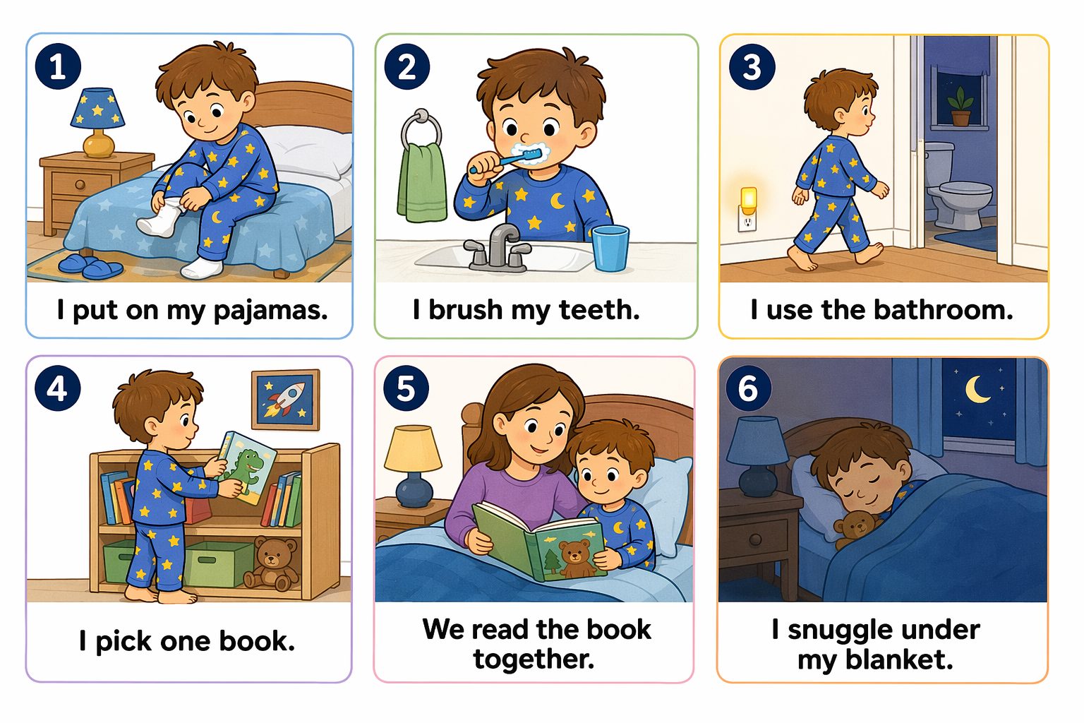 Printable pictogram sequence: Getting ready for bed, 6 illustrated steps