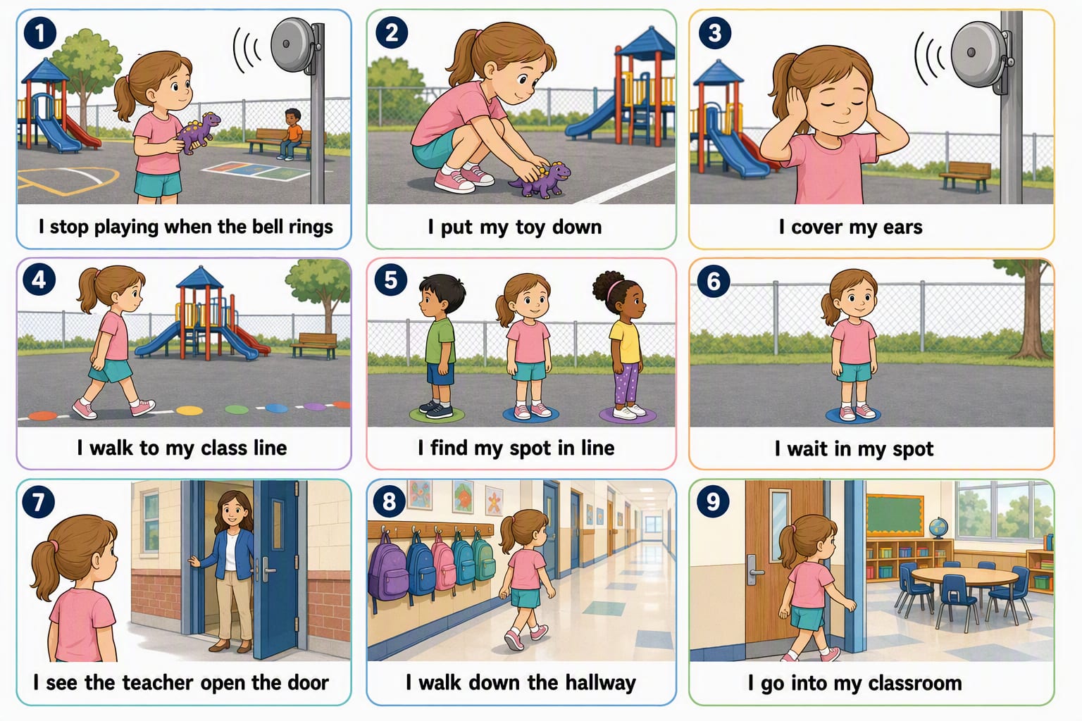 Printable pictogram sequence: The bell rings, then the line, 9 illustrated steps