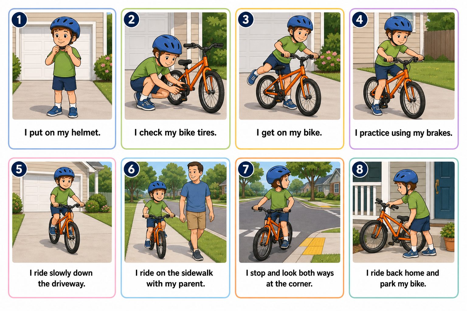 Printable pictogram sequence: Riding a bike outside, 8 illustrated steps