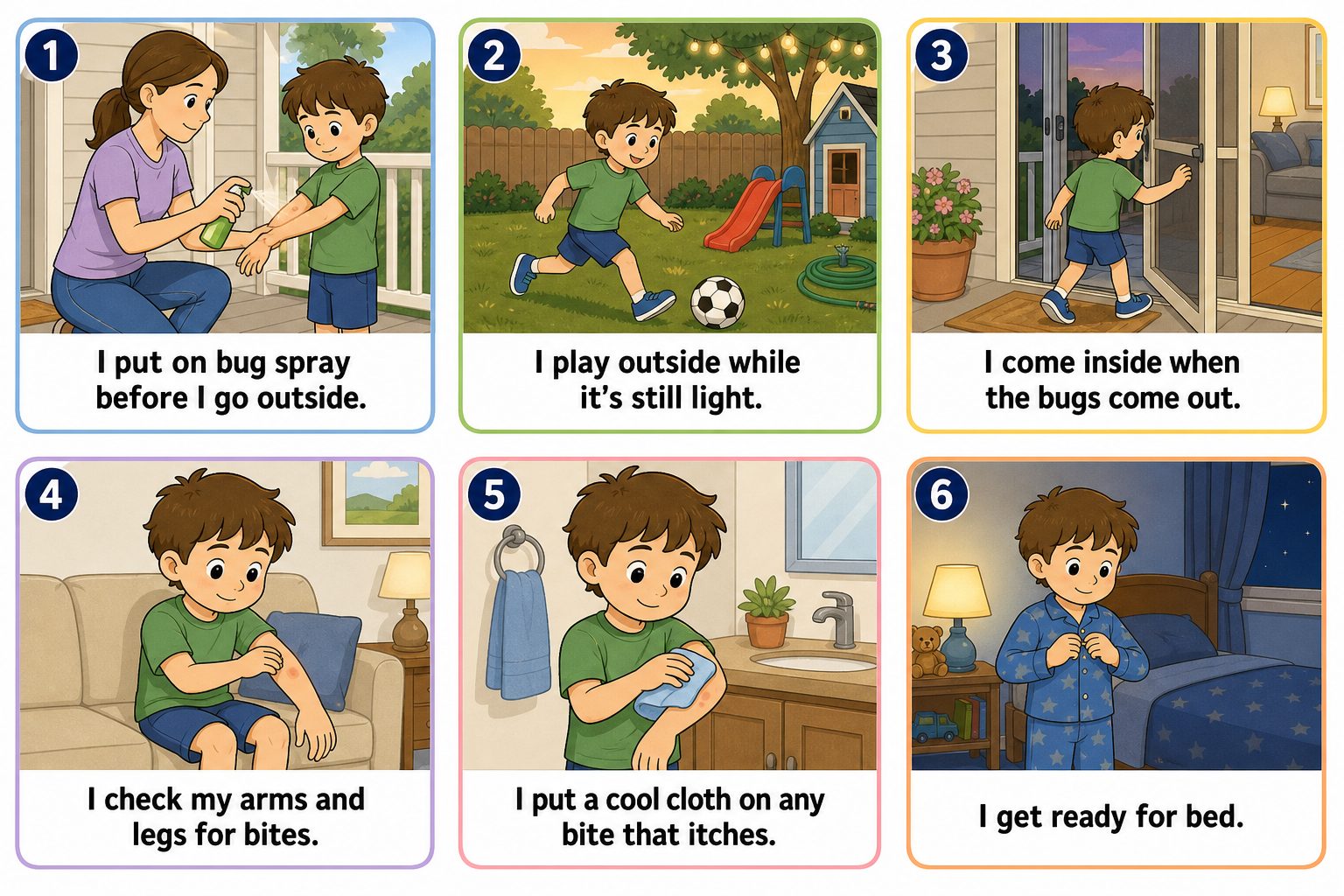 Printable pictogram sequence: Playing outside at dusk, 6 illustrated steps