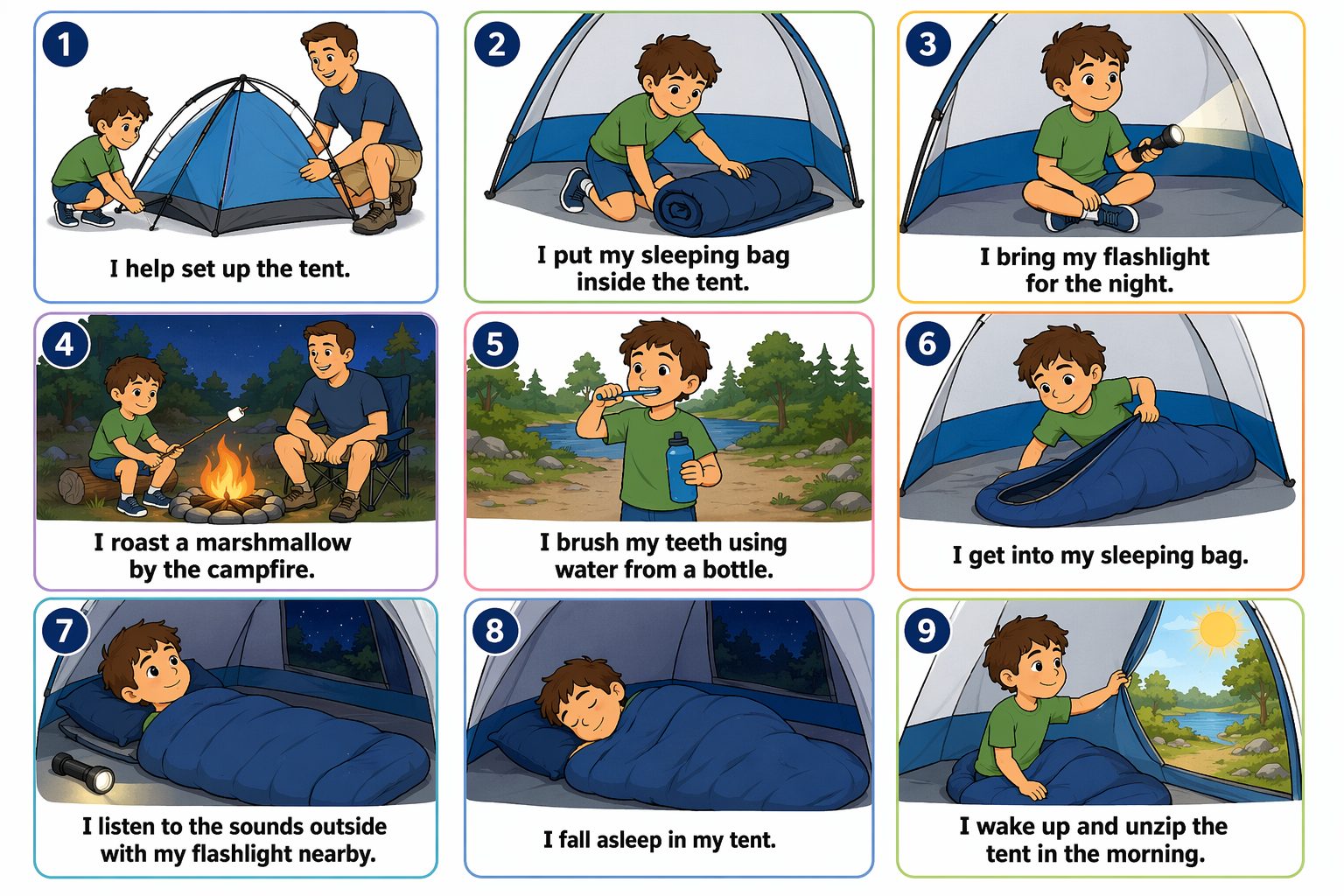 Printable pictogram sequence: Sleeping in a tent for the first time, 9 illustrated steps