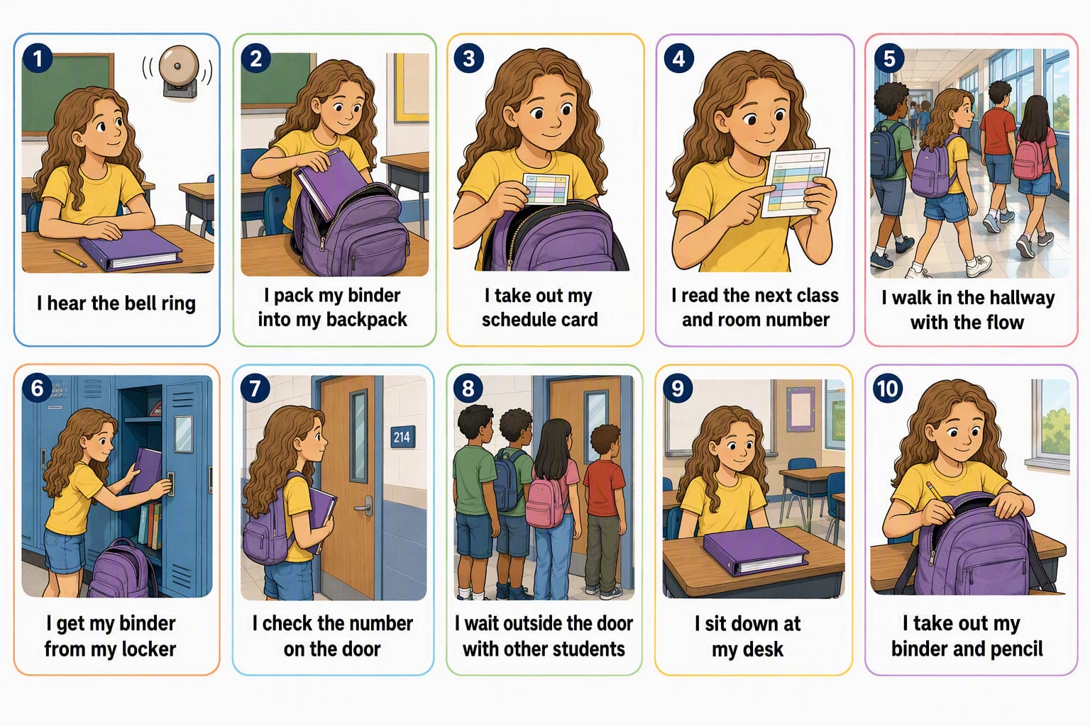 Printable pictogram sequence: Middle school: changing rooms between classes, 10 illustrated steps