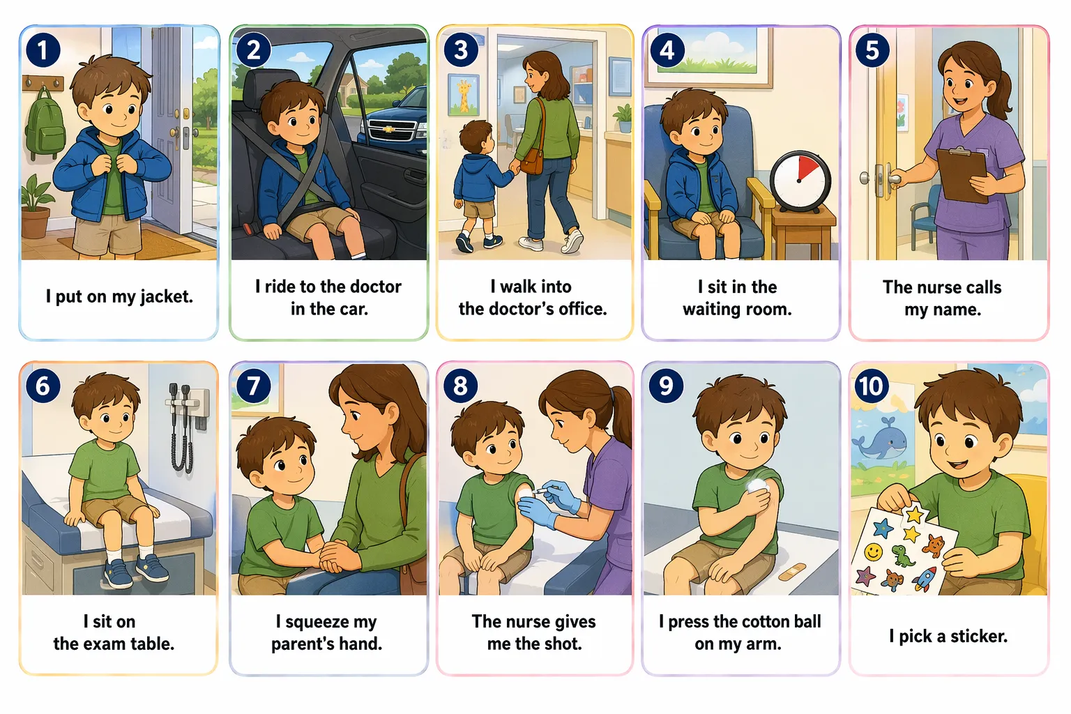 Sequence “Getting a shot at the doctor’s”: ten illustrated steps, from the car ride to picking a sticker