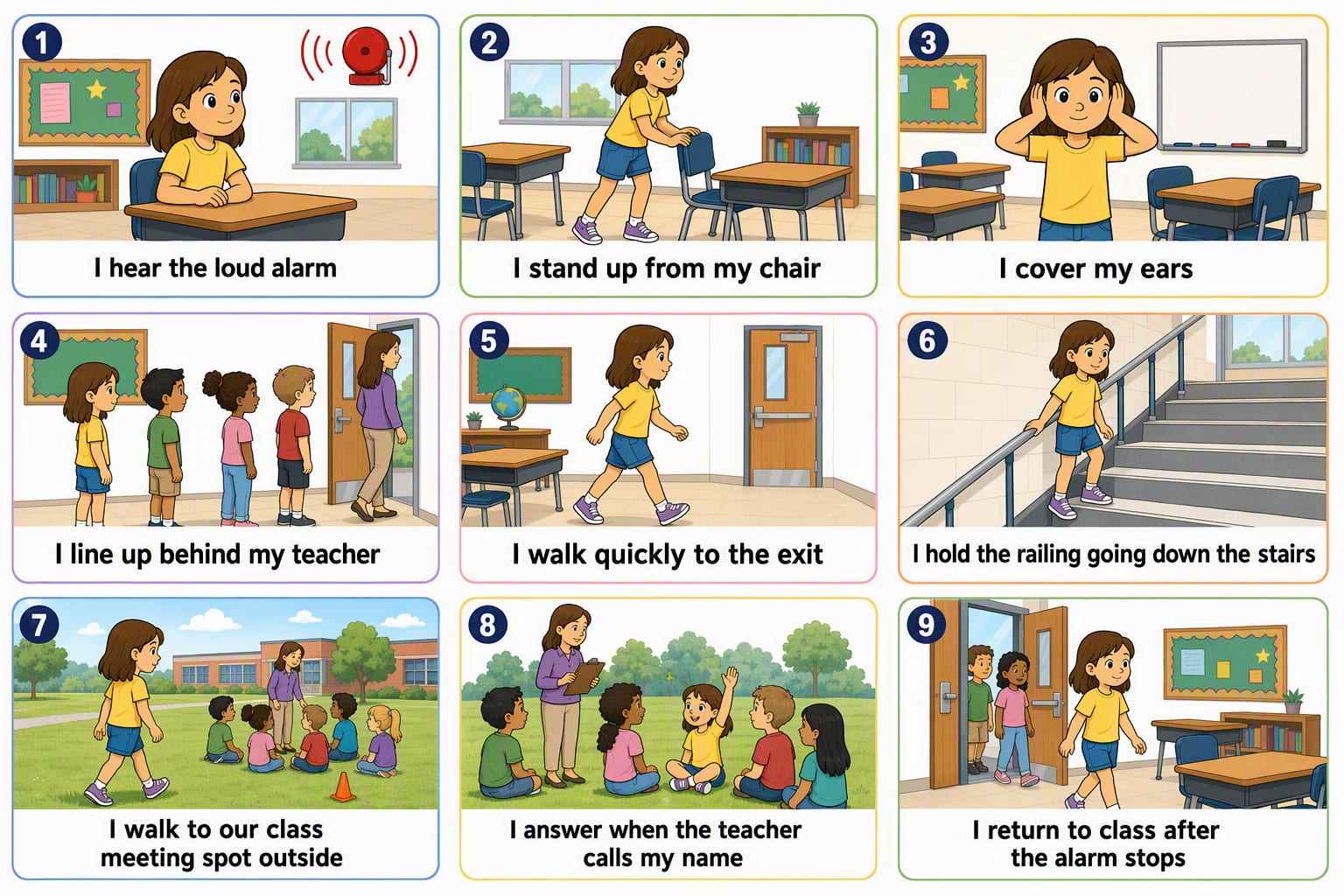 Printable pictogram sequence: The fire drill, with no surprises, 9 illustrated steps
