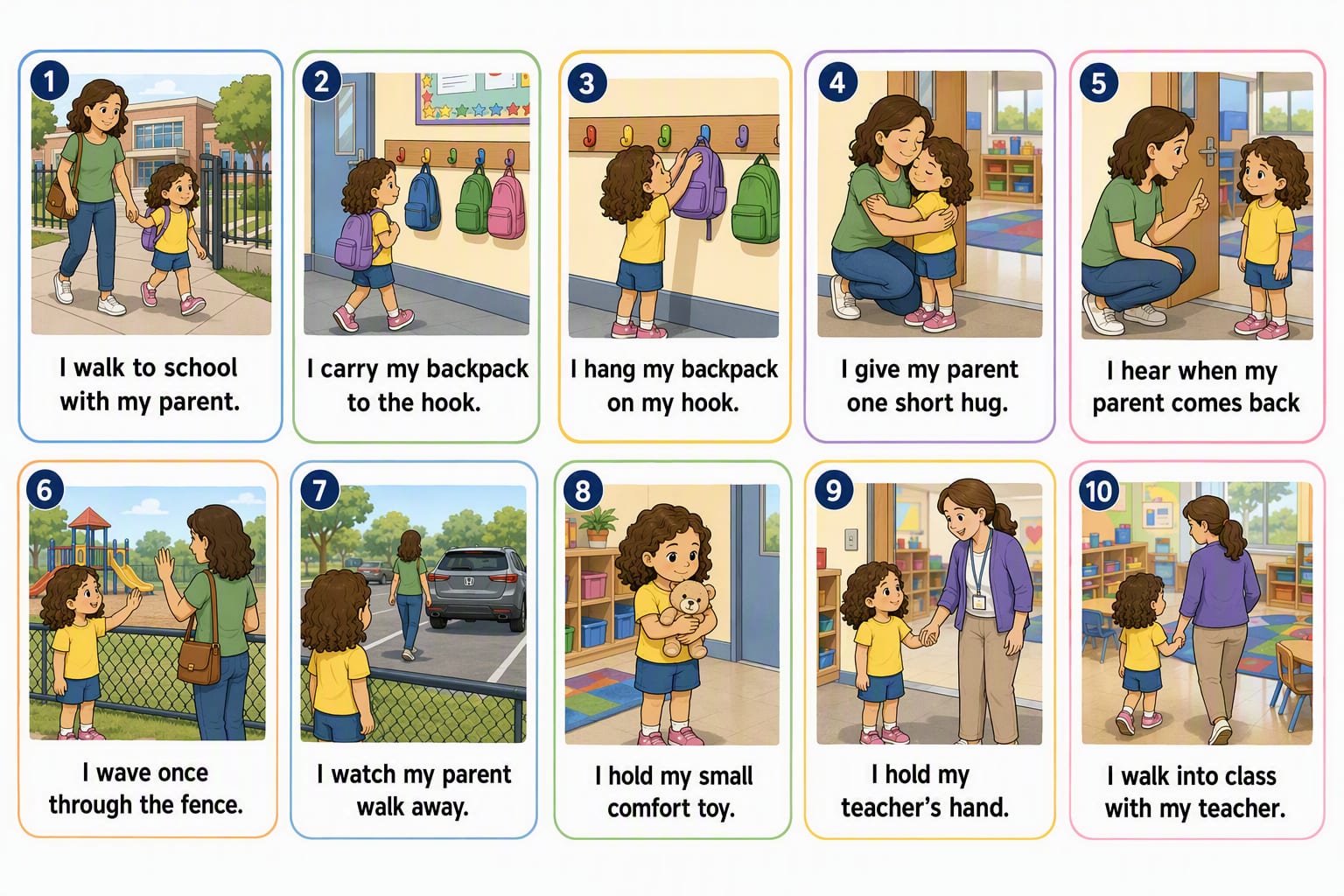 Printable pictogram sequence: The first morning: saying goodbye at drop-off, 10 illustrated steps