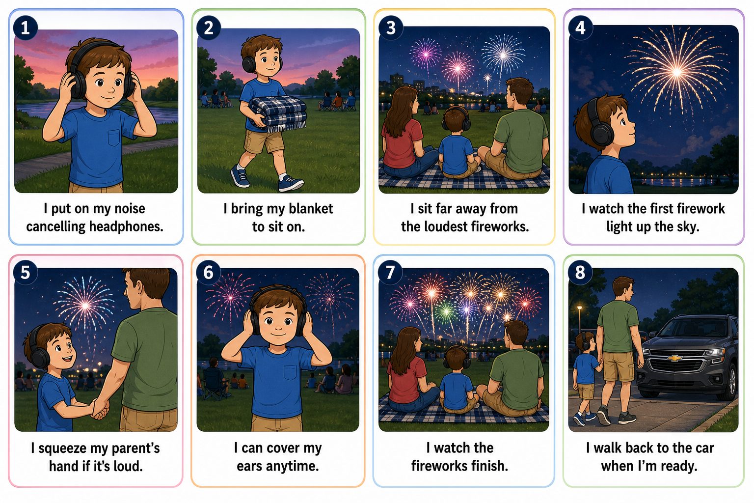Printable pictogram sequence: Watching fireworks, 8 illustrated steps