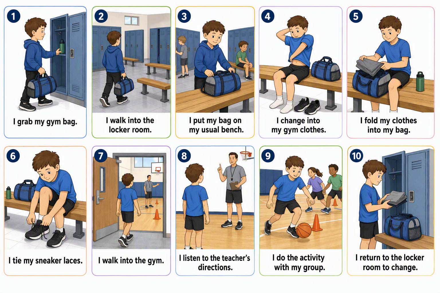 Printable pictogram sequence: Gym class and the locker room, 10 illustrated steps