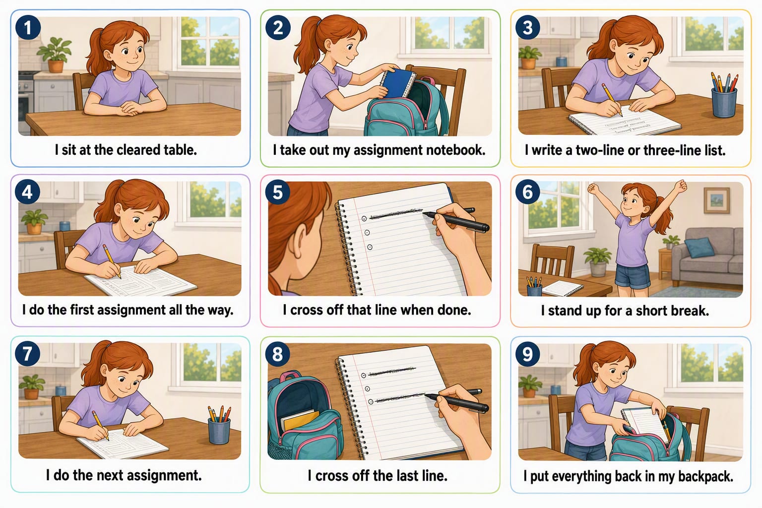 Printable pictogram sequence: Homework, one item at a time, 9 illustrated steps