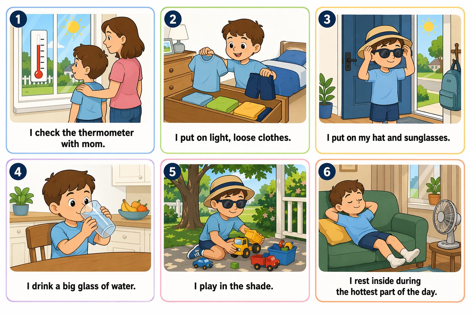 Printable pictogram sequence: Staying cool on a really hot day, 6 illustrated steps