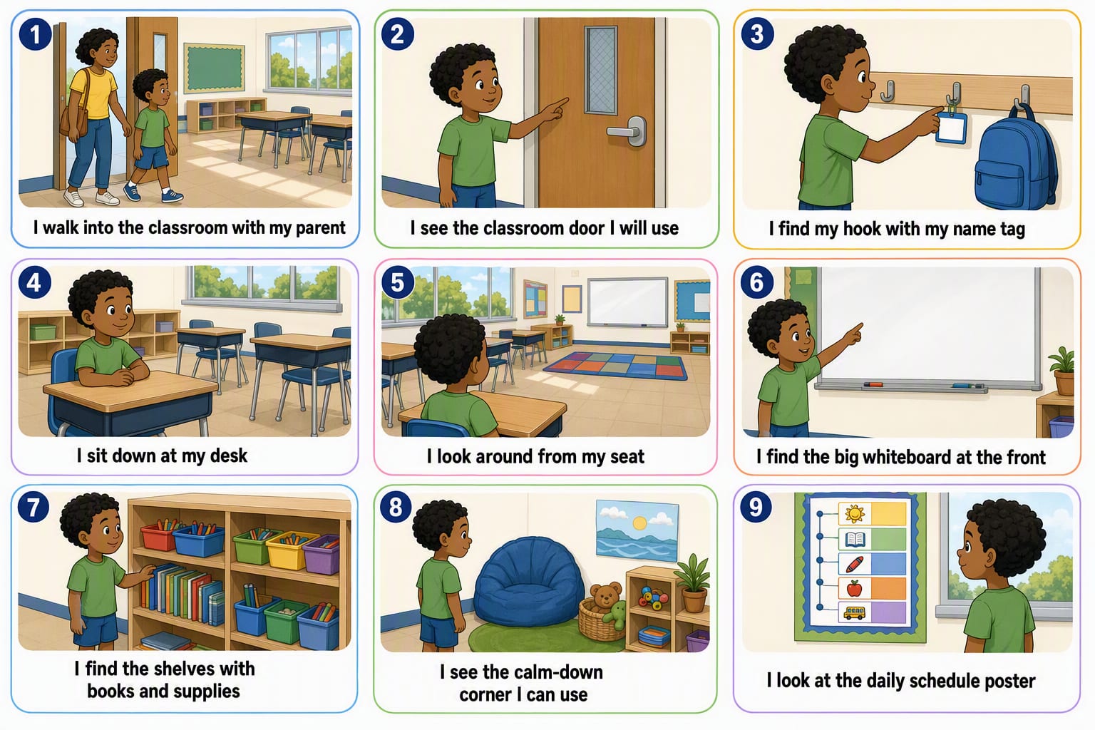 Printable pictogram sequence: Finding the new classroom and your own desk, 9 illustrated steps