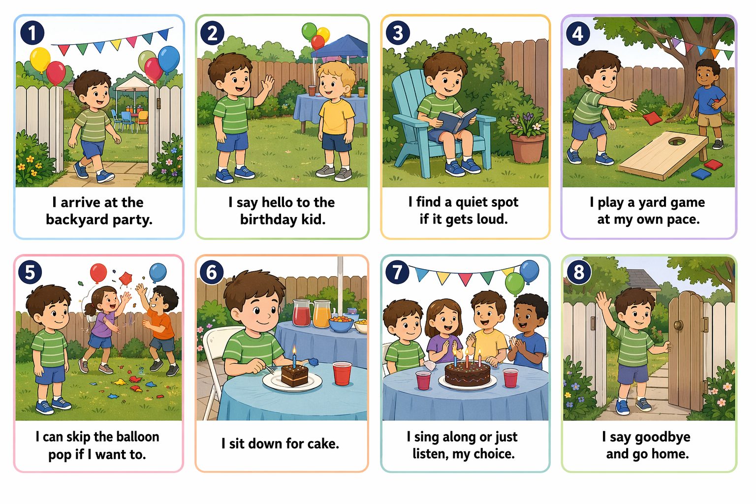 Printable pictogram sequence: An outdoor birthday party, 8 illustrated steps