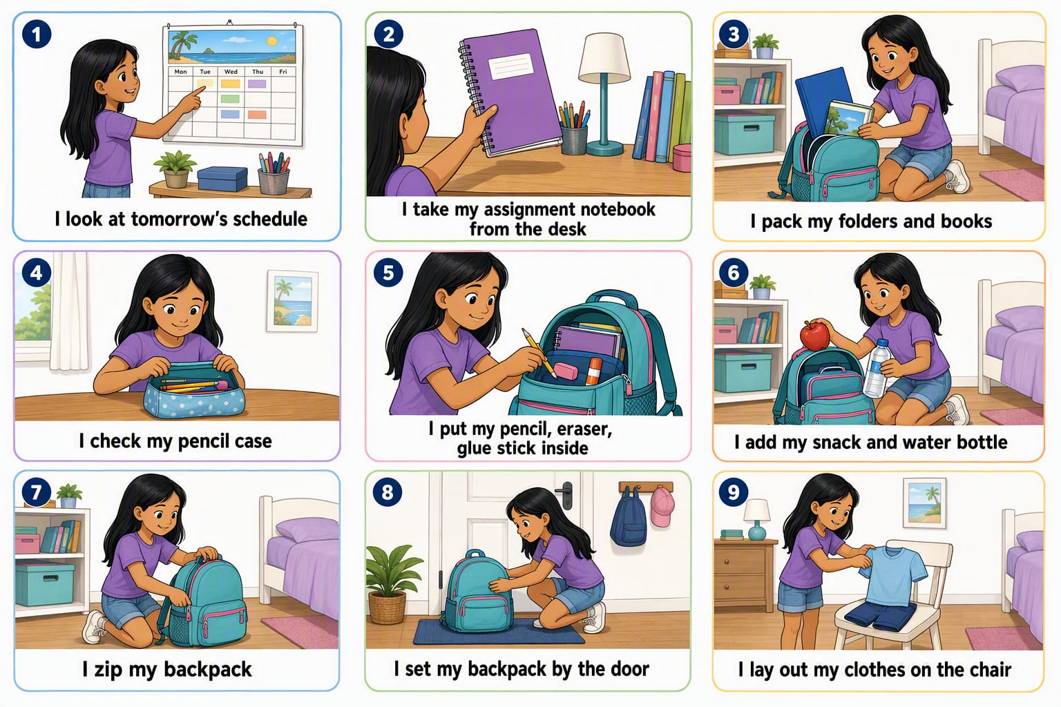 Printable pictogram sequence: Packing the backpack the night before, 9 illustrated steps