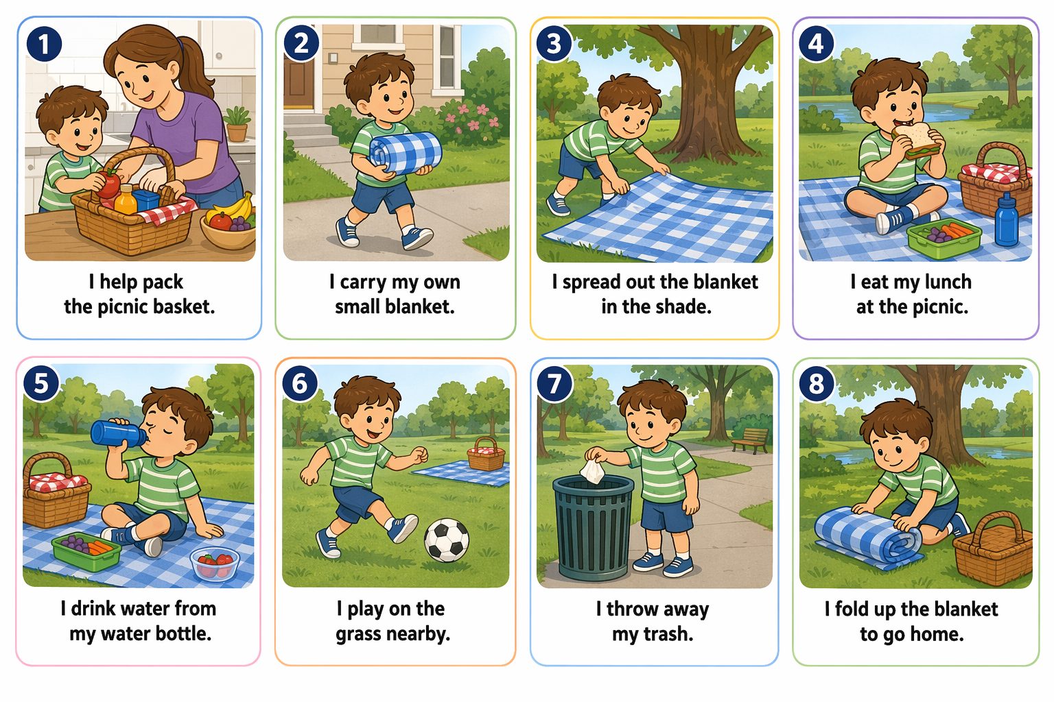 Printable pictogram sequence: A picnic in the park, 8 illustrated steps