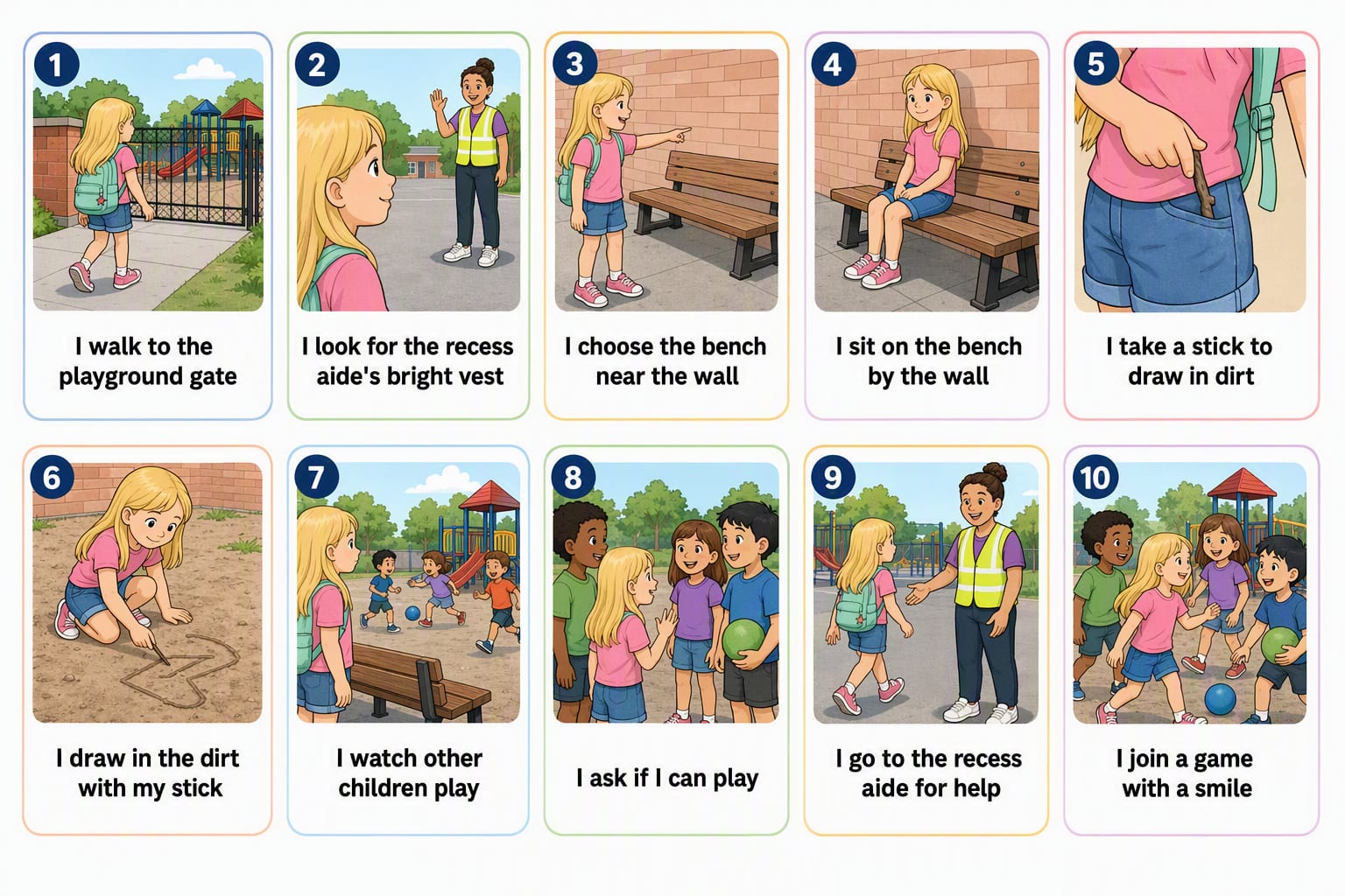 Printable pictogram sequence: Recess, when nothing is organised, 10 illustrated steps