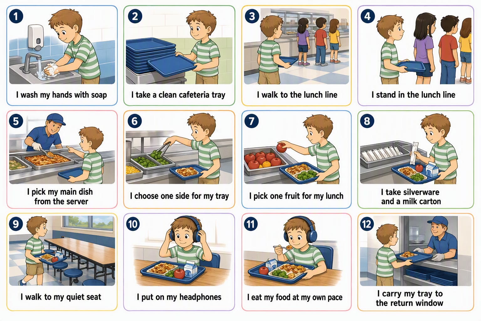 Printable pictogram sequence: The cafeteria: tray, line and table, 12 illustrated steps