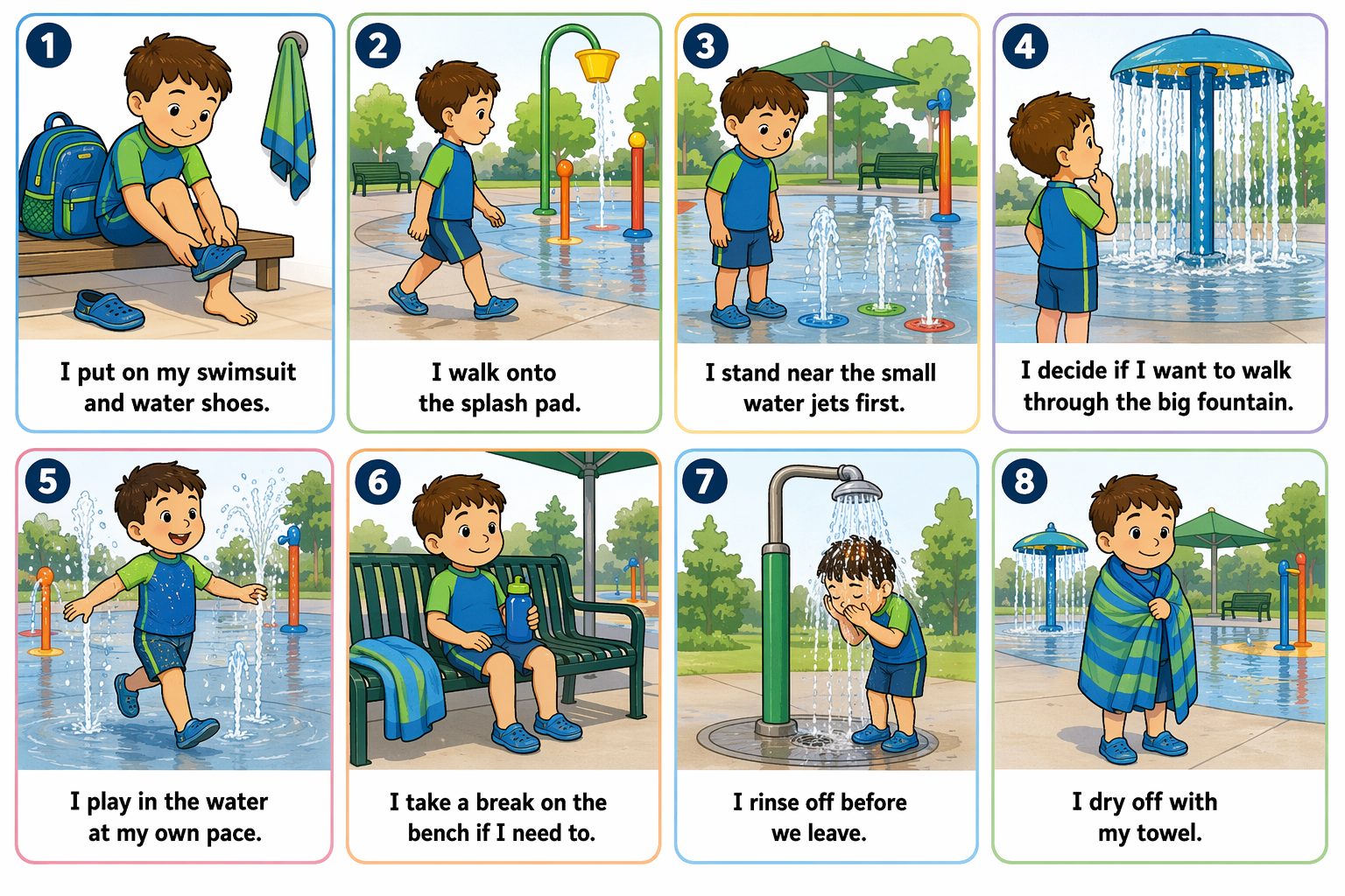 Printable pictogram sequence: A trip to the splash pad, 8 illustrated steps