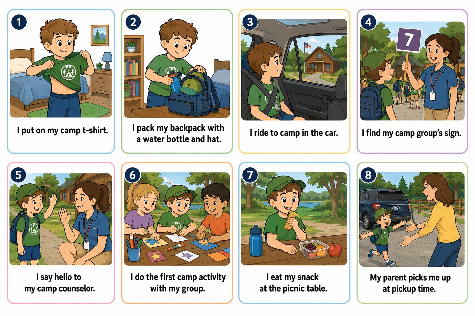 Printable pictogram sequence: First day of summer camp, 8 illustrated steps