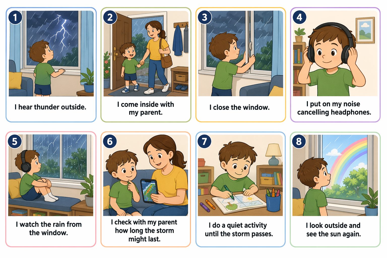 Printable pictogram sequence: A thunderstorm during summer, 8 illustrated steps
