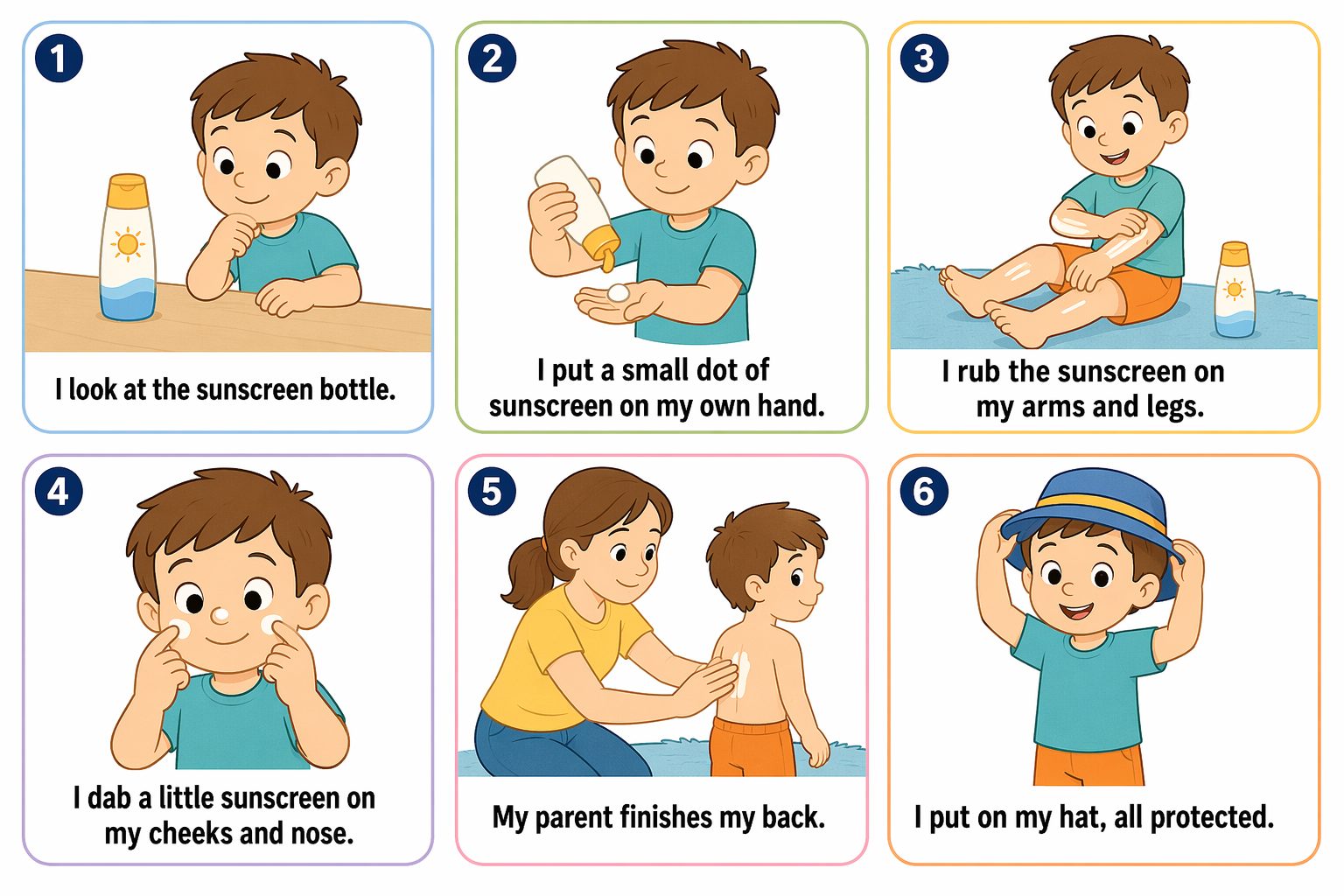 Printable pictogram sequence: Putting on sunscreen, 6 illustrated steps