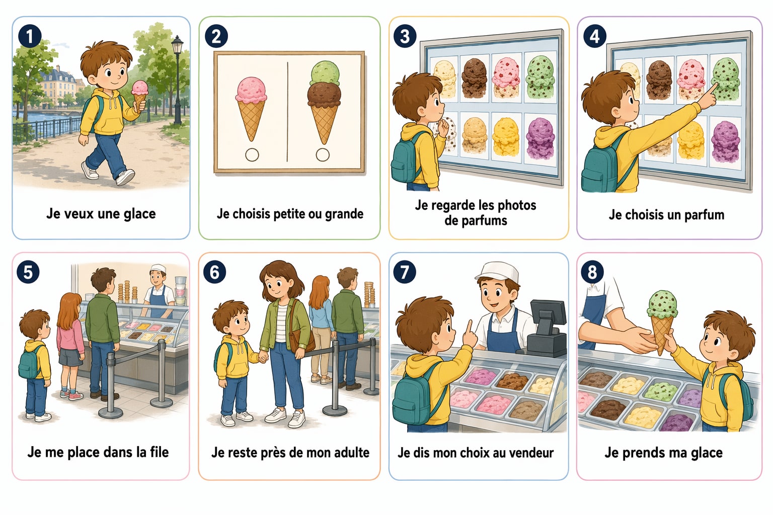 Planche complète de la séquence « Je choisis ma glace comme un grand », toutes les étapes illustrées