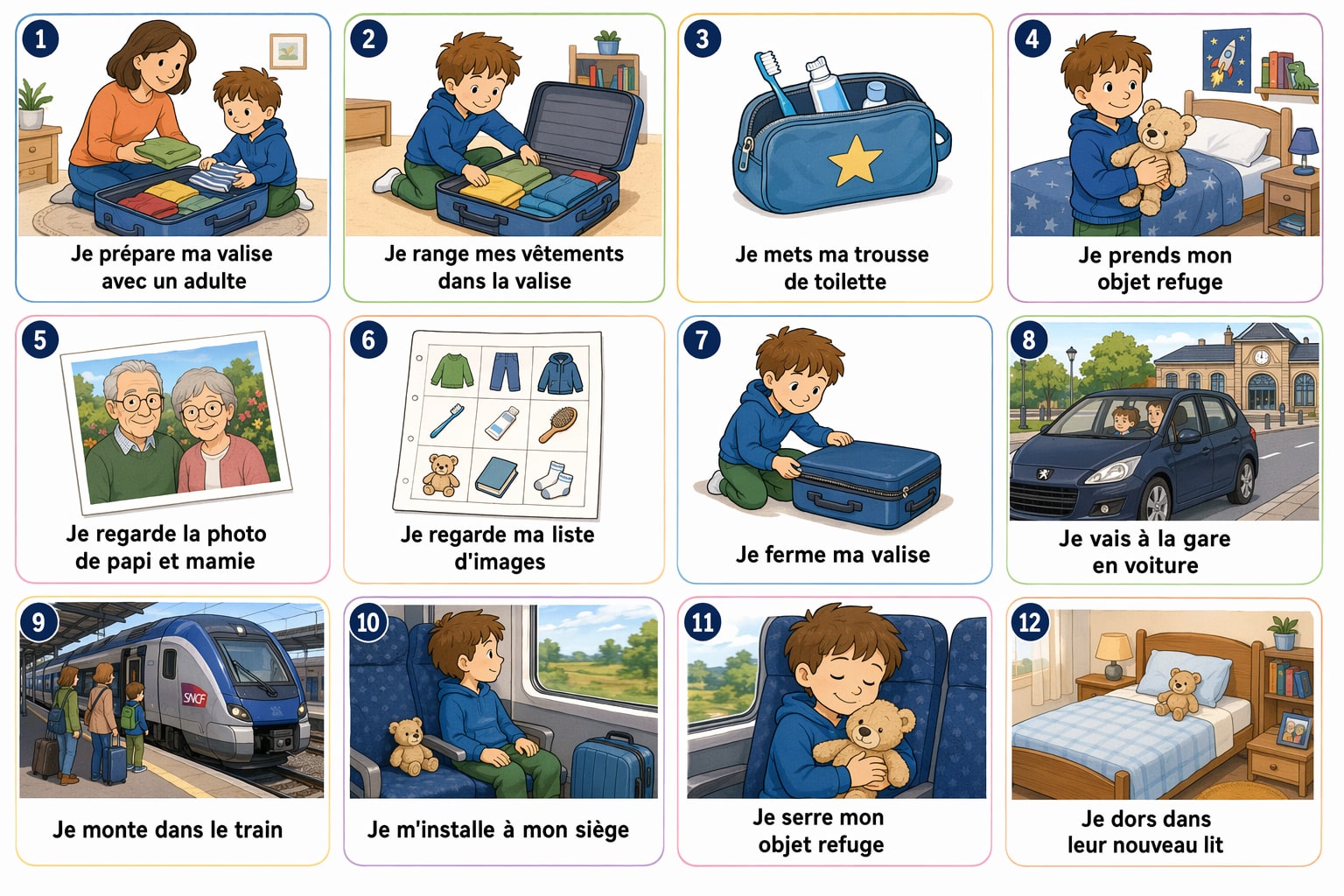 Planche complète de la séquence « Une semaine chez papi et mamie », toutes les étapes illustrées