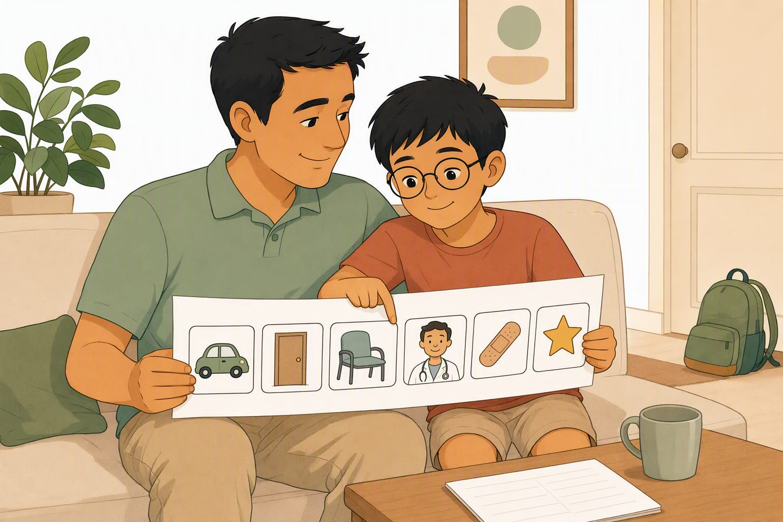 Un papa et son garçon assis côte à côte, regardant ensemble une planche de pictogrammes imprimée
