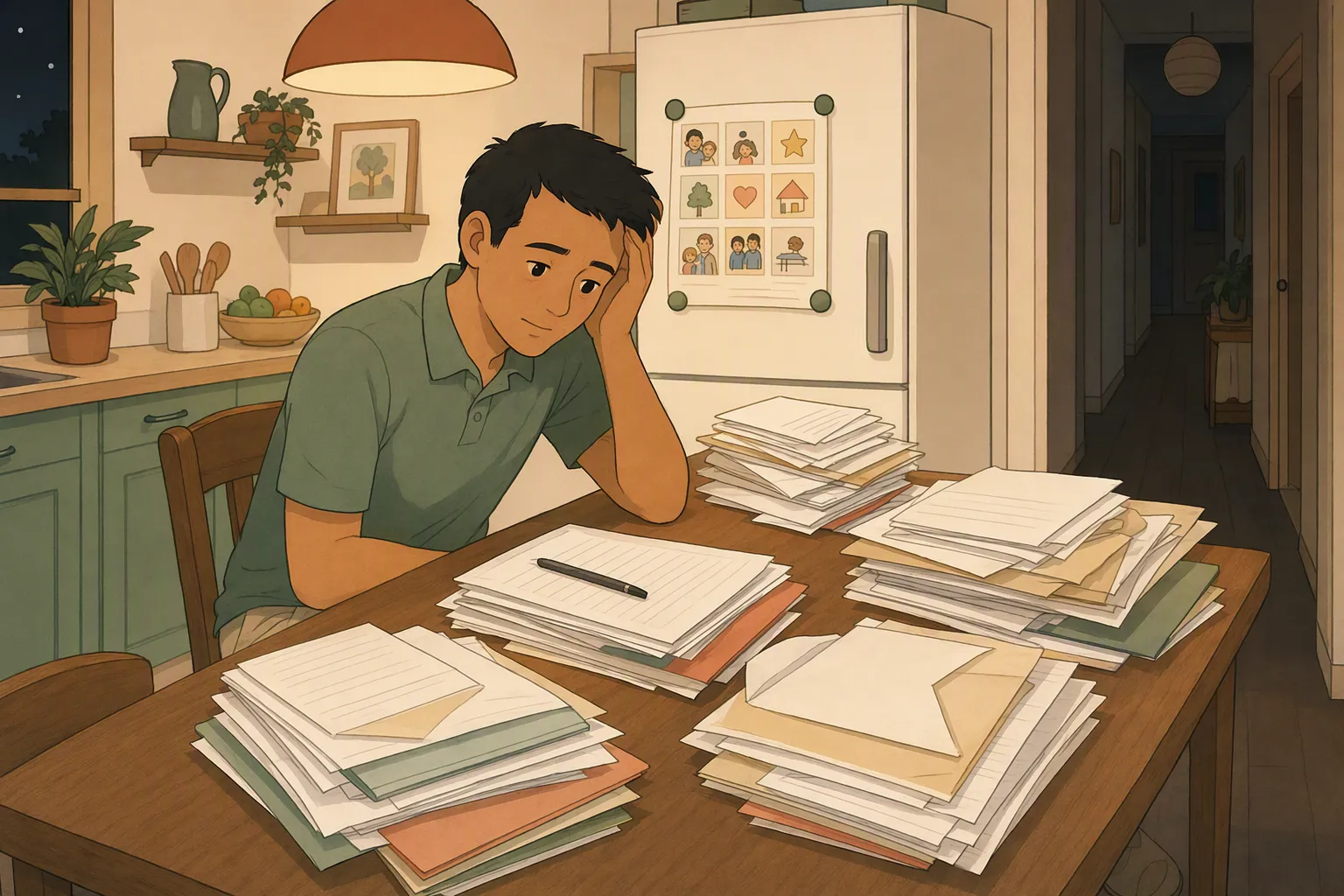 Evening at the kitchen table: the dad alone, forehead resting on one hand, in front of piles of letters and forms