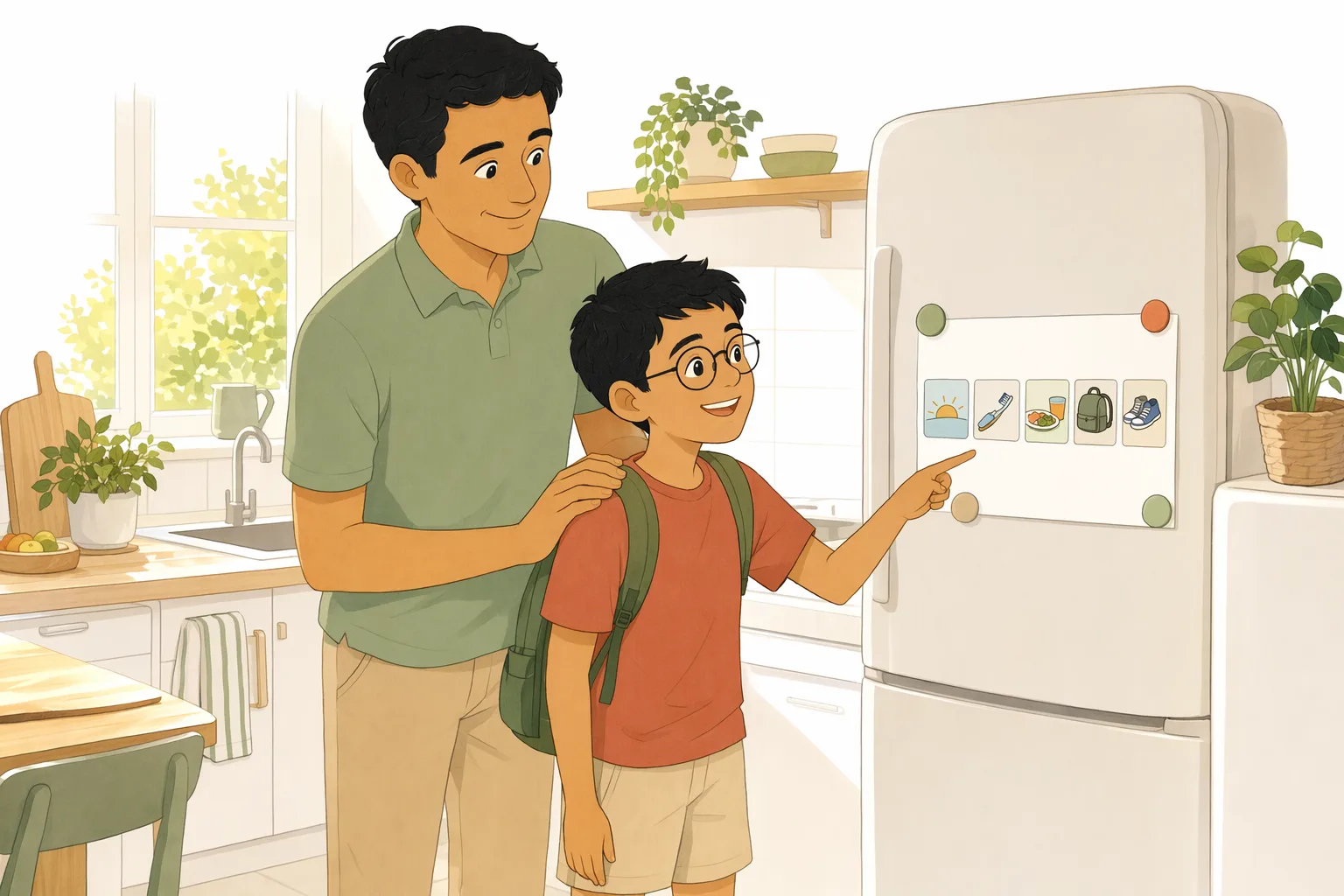 In the morning, the boy smiles as he points at the sheet of pictures on the refrigerator, his dad behind him
