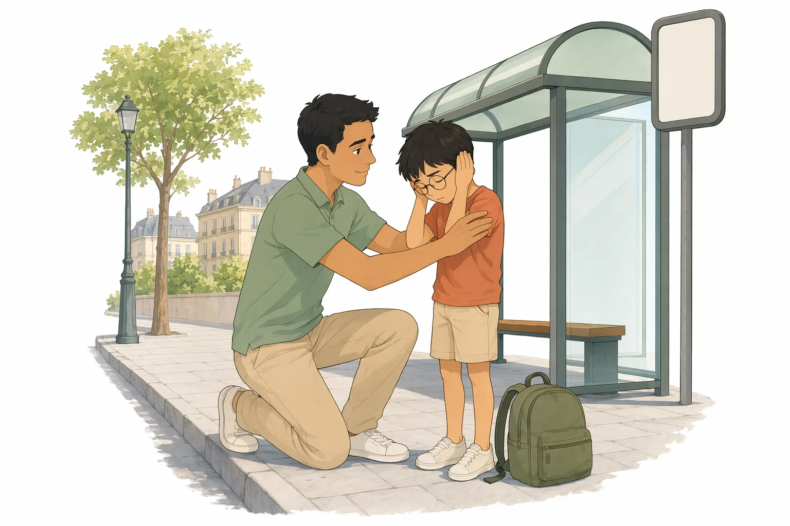 A dad, down on one knee at a bus stop, comforts his boy who is covering his ears