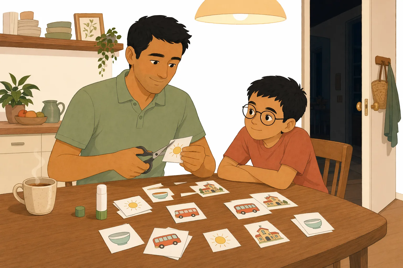 Evening in the kitchen: the dad cuts out small illustrated cards by lamplight