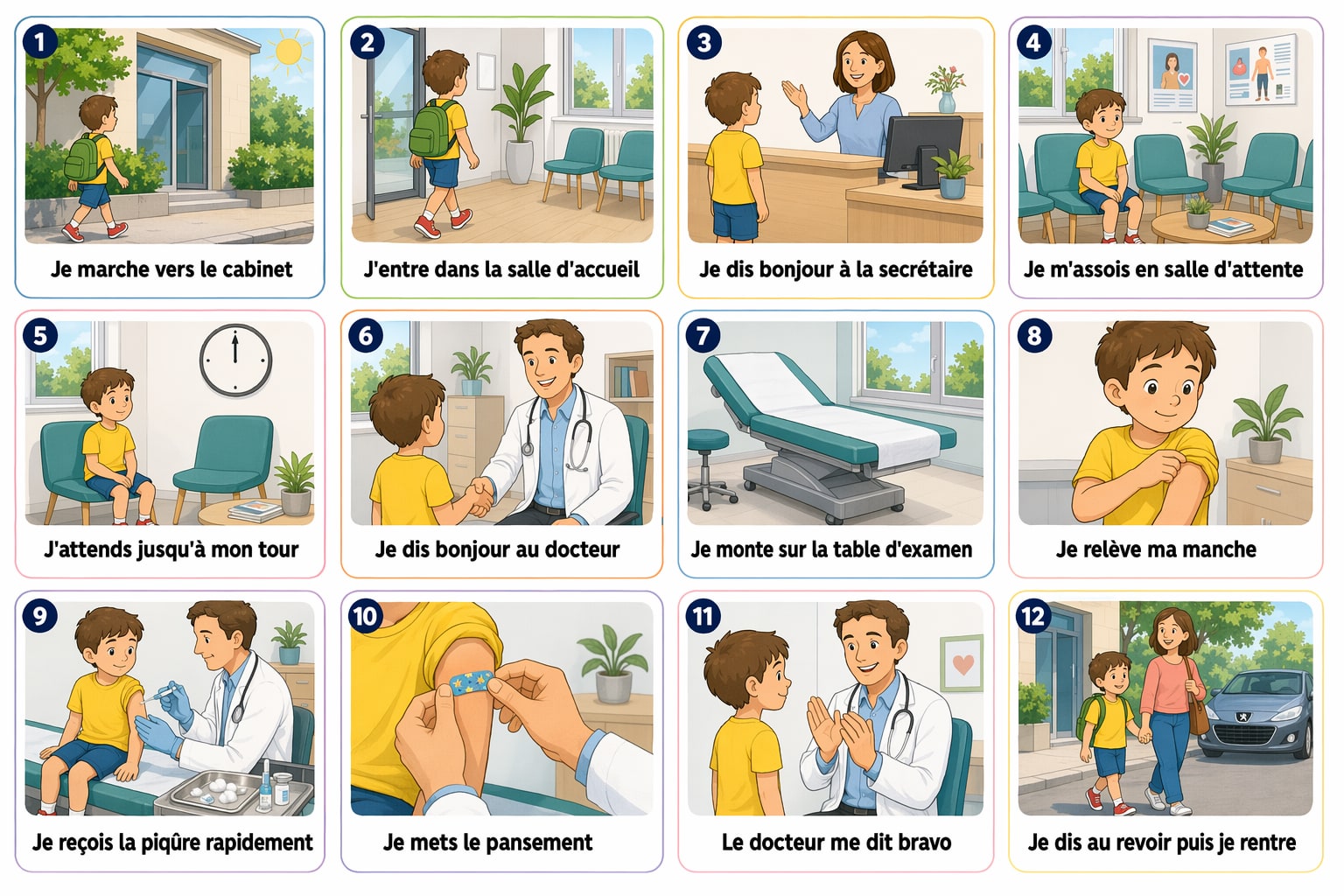 Exemple de pictogramme : la piqûre chez le médecin en 12 étapes illustrées