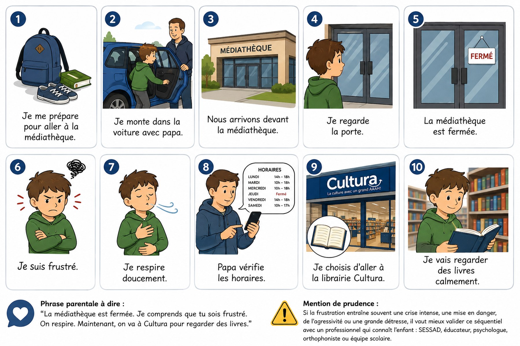 Planche complète de la séquence « Oh non, la médiathèque est fermée ! », toutes les étapes illustrées