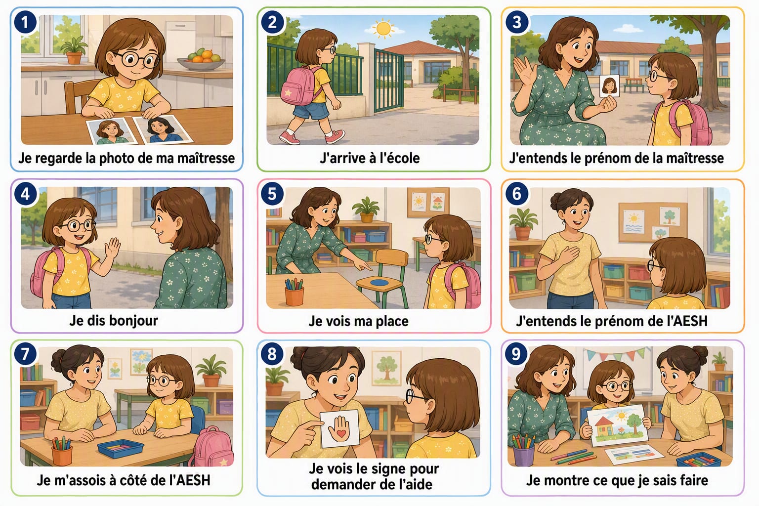 Planche complète de la séquence « Rencontrer la maîtresse et son AESH », toutes les étapes illustrées