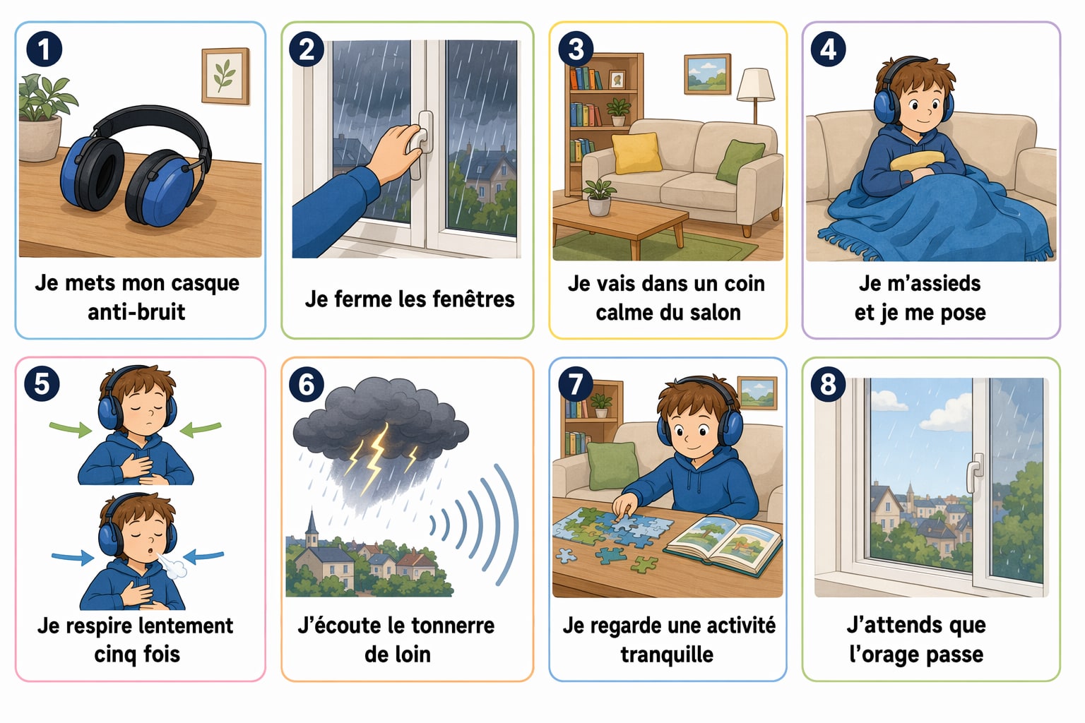 Planche complète de la séquence « Boum, l'orage ! Je reste au calme », toutes les étapes illustrées