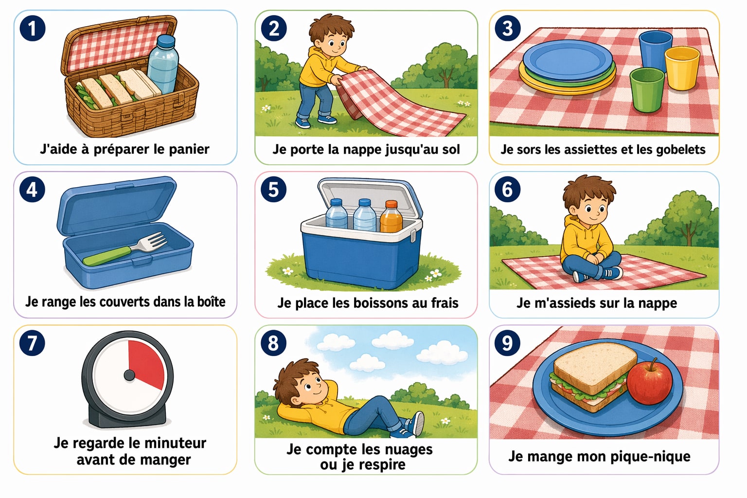 Planche complète de la séquence « Le pique-nique au parc, étape par étape », toutes les étapes illustrées