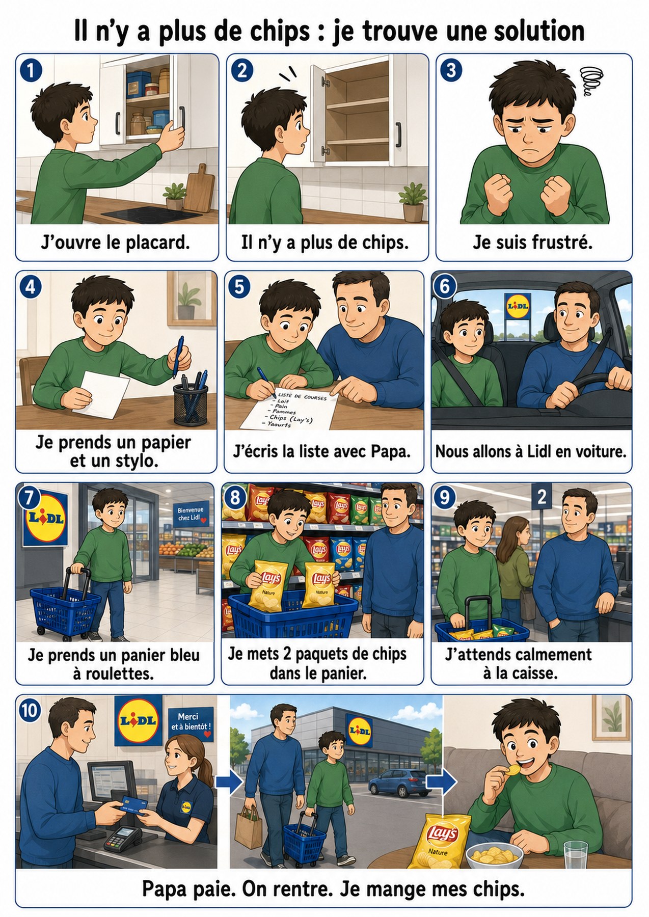 Planche complète de la séquence « Oh mince, il n'y a plus de chips ! », toutes les étapes illustrées